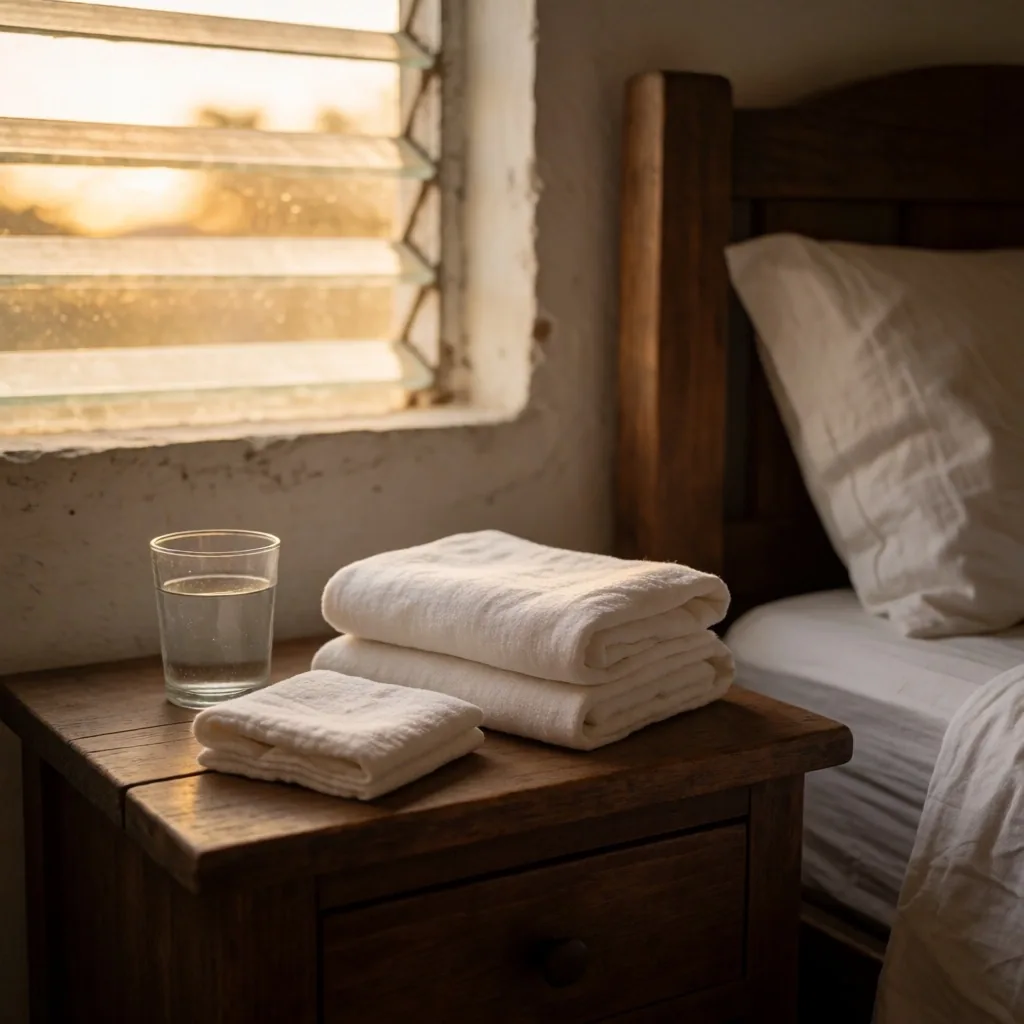 Compresas y vaso de agua sobre una mesa de noche al atardecer