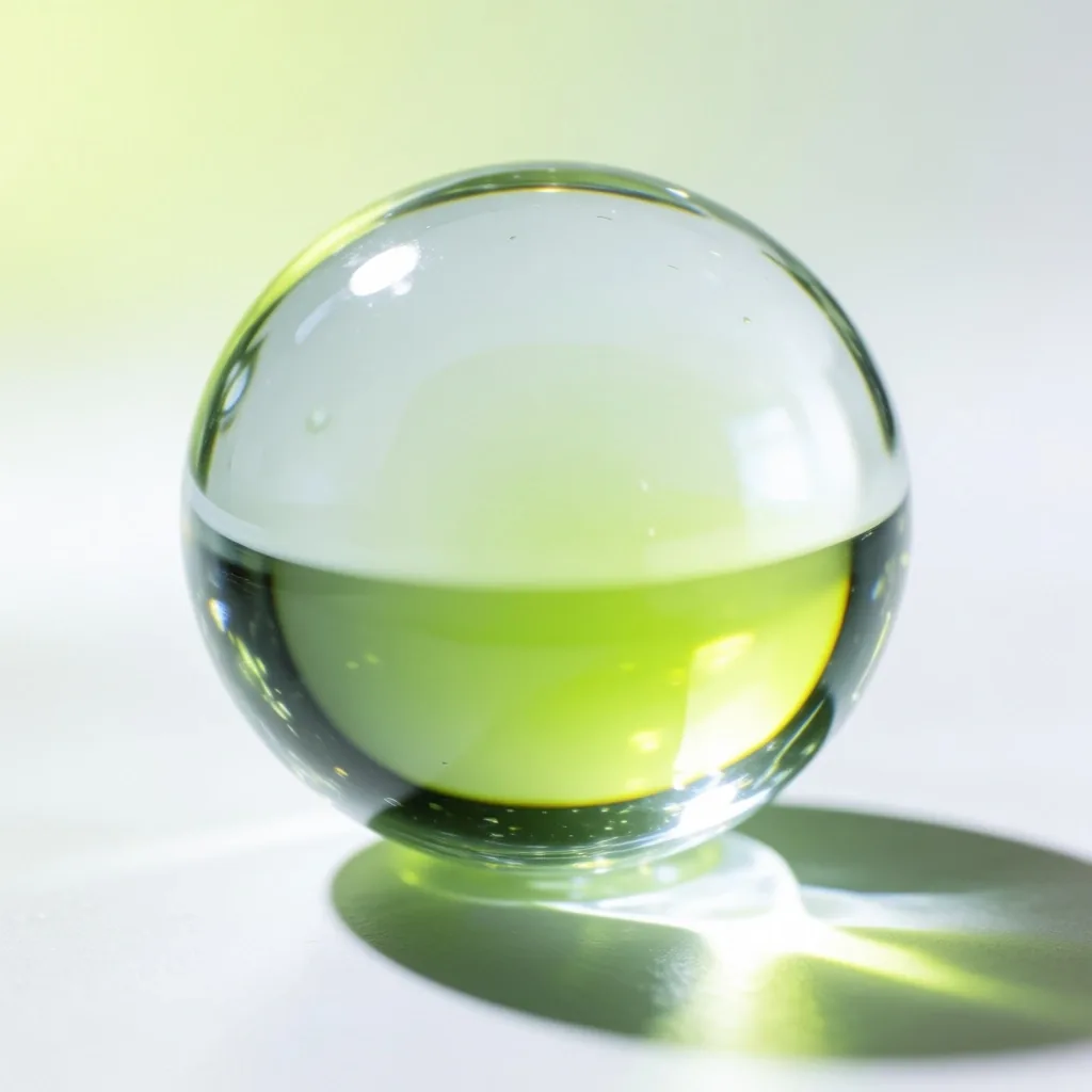 Esfera de vidrio claro refractando luz tropical sobre una superficie blanca