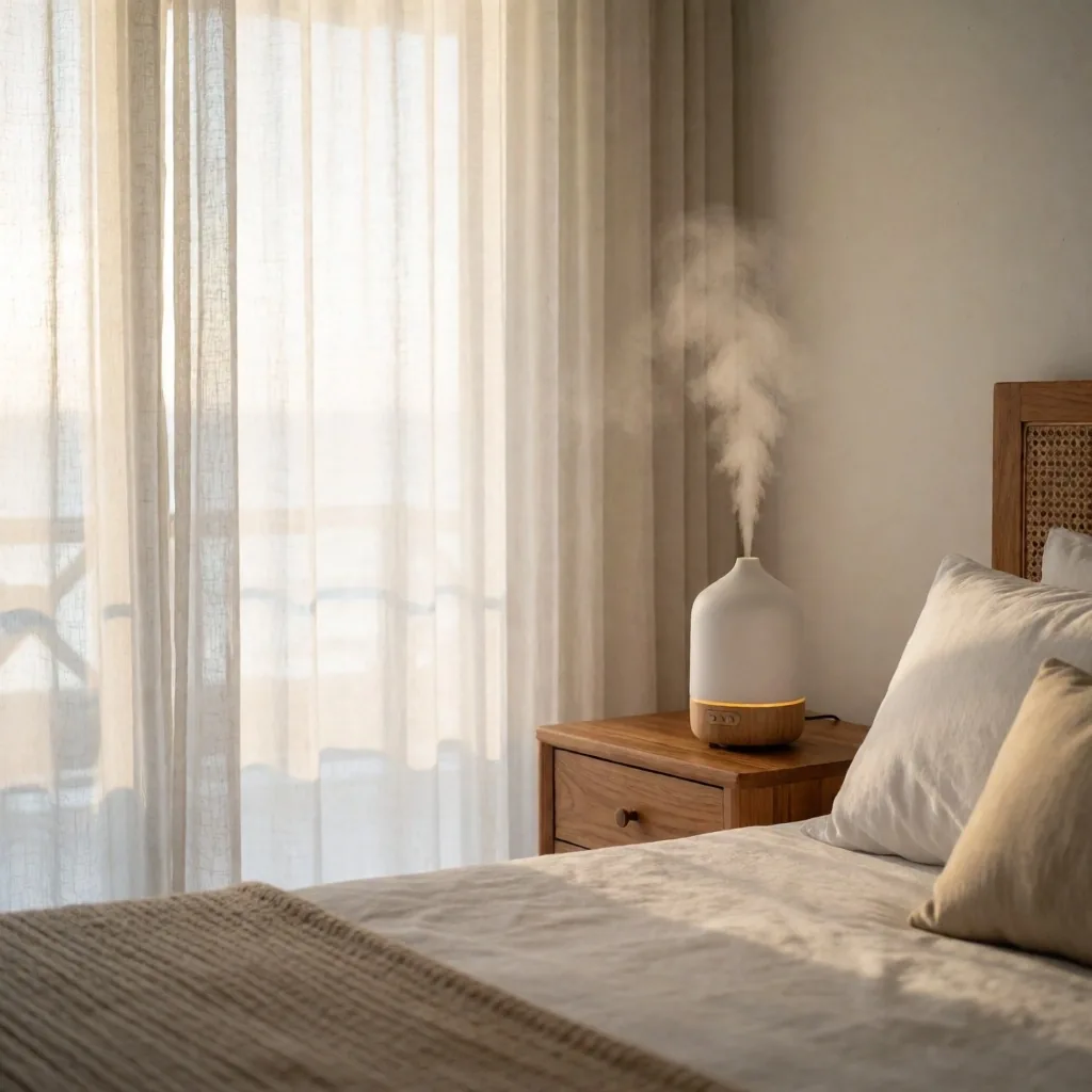 Dormitorio caribeño al amanecer con ventilador y humidificador