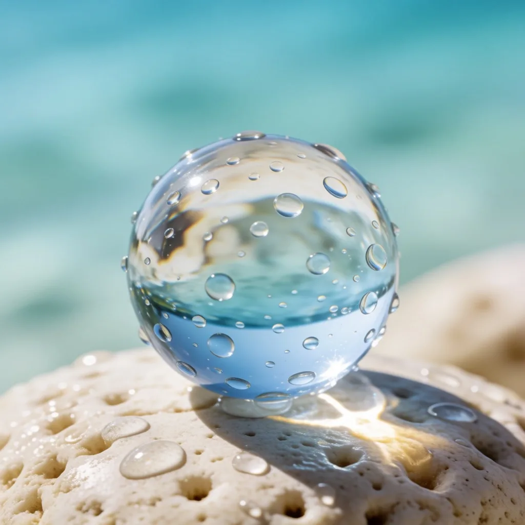 Esfera de cristal con gotas de agua sobre piedra soleada