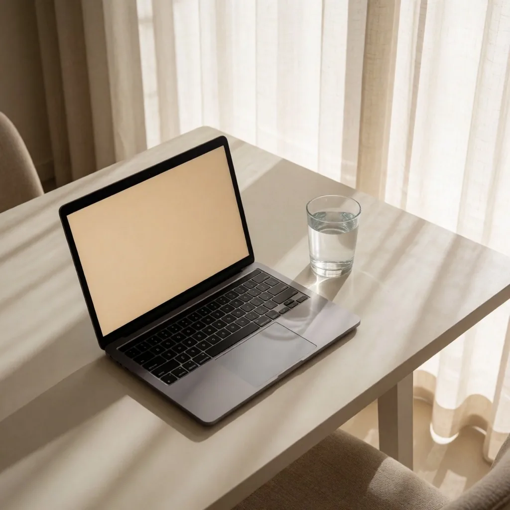 Espacio de trabajo luminoso junto a una ventana con laptop y vaso de agua