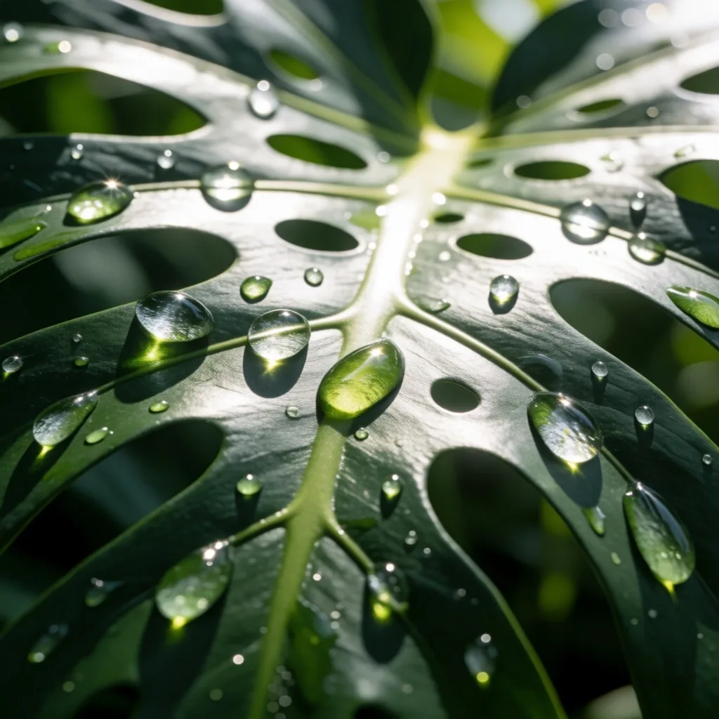Gotas de agua frescas sobre una hoja verde tropical
