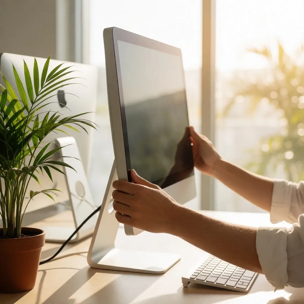 Ajuste ergonómico de monitor en escritorio